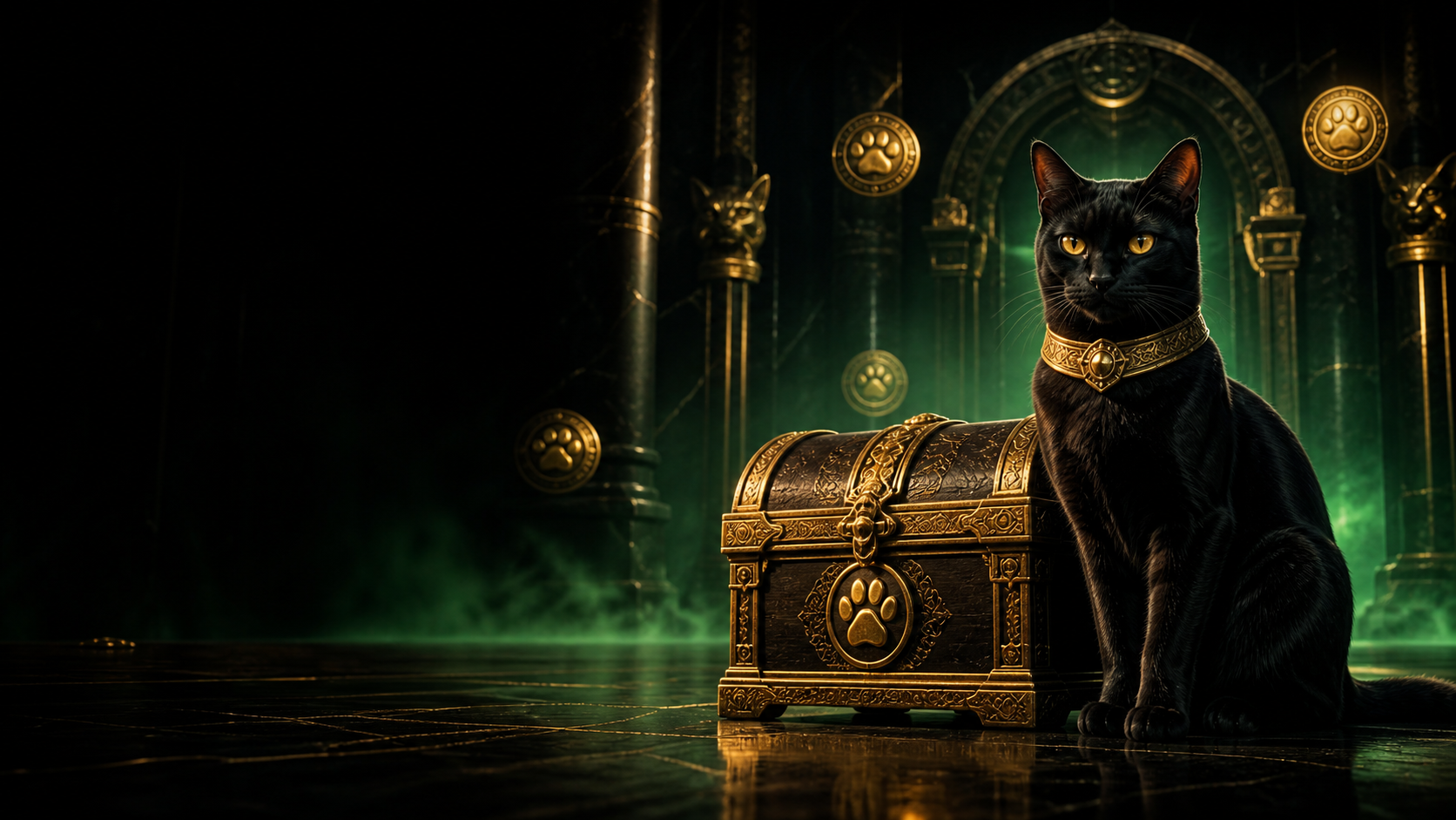 Черный кот возле золотого хранилища Cat Casino